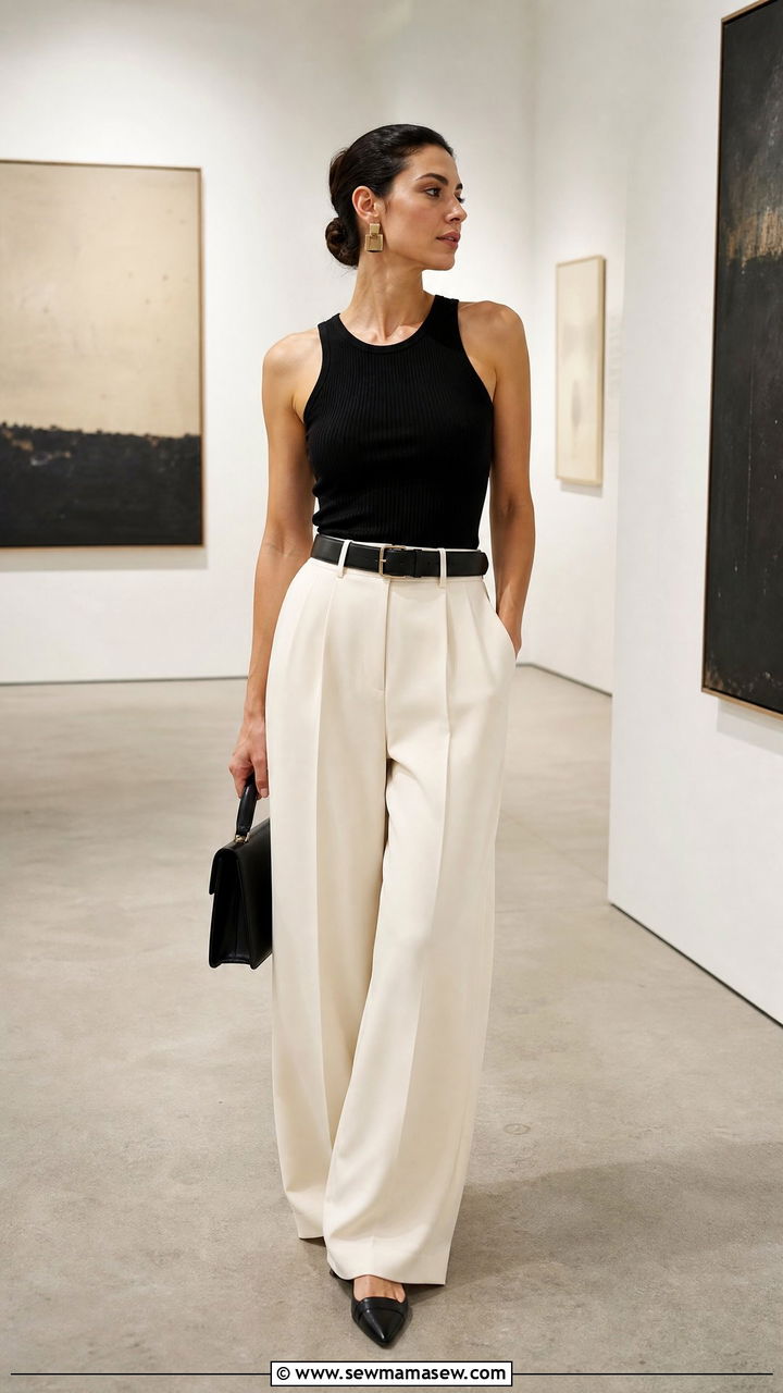 Fitted tank and wide leg trousers gallery outfit - 30 Gallery opening outfit ideas
