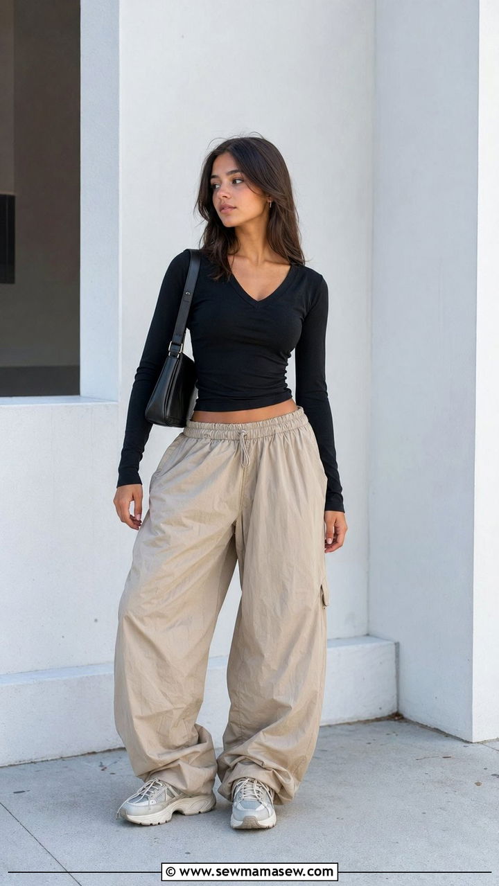 Fitted top with baggy parachute pants outfit - 35 Back to school outfit ideas 12th grade