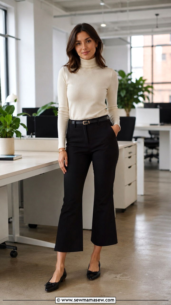 Fitted turtleneck and cropped flare pants - 30 Petite office outfit ideas