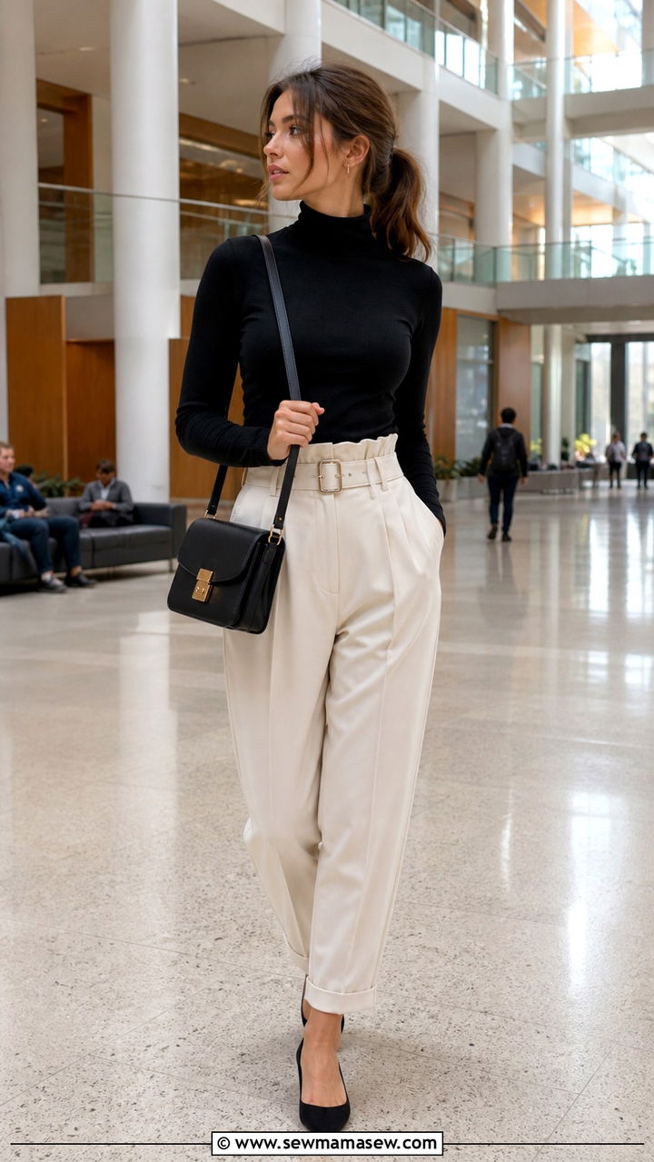 Fitted turtleneck and paperbag pants outfit - 40 school outfits ideas