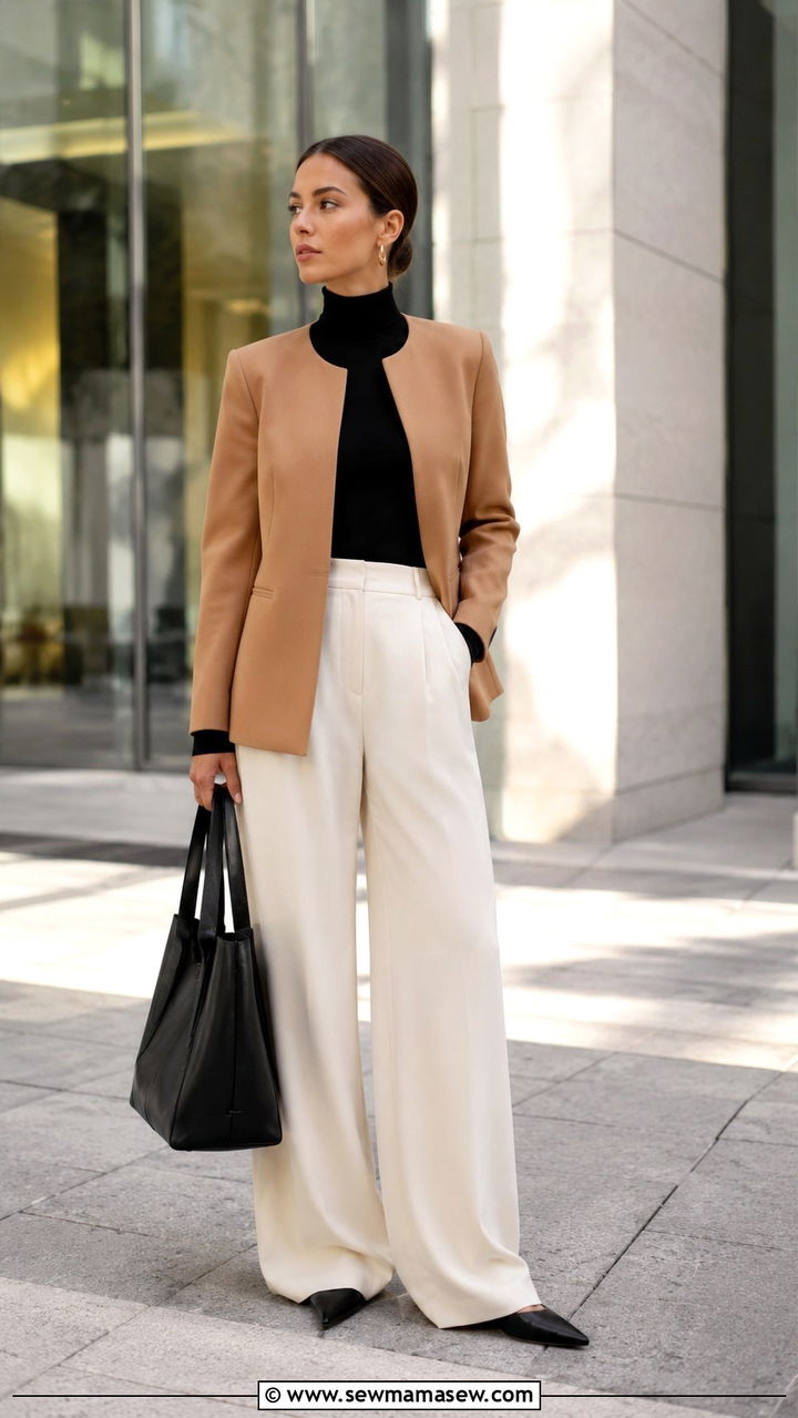 Fitted turtleneck sweater under a collarless blazer and wide leg pants - 30 Sweater outfit ideas for work