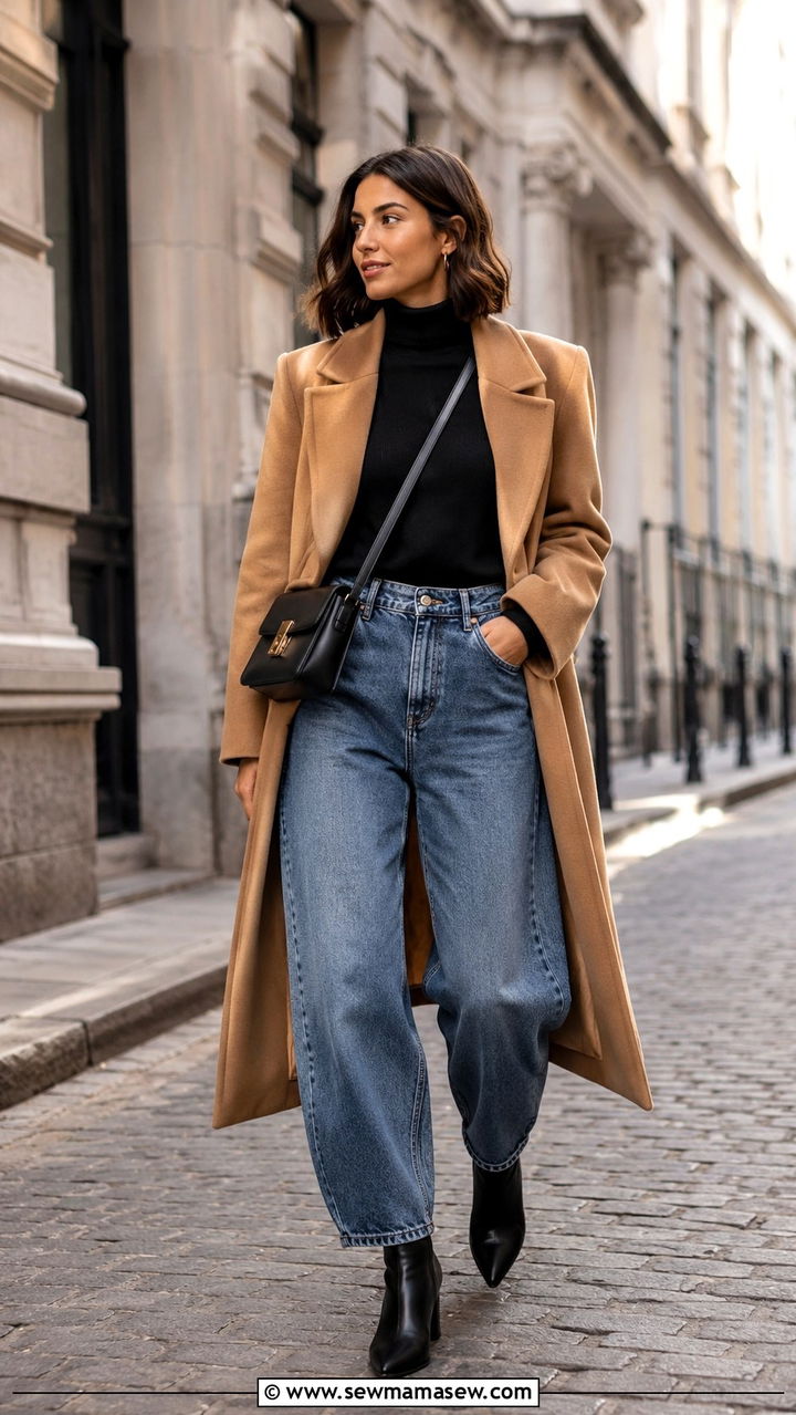 Fitted turtleneck with barrel jeans and ankle boots - 25 Barrel jeans outfit ideas with a sweater