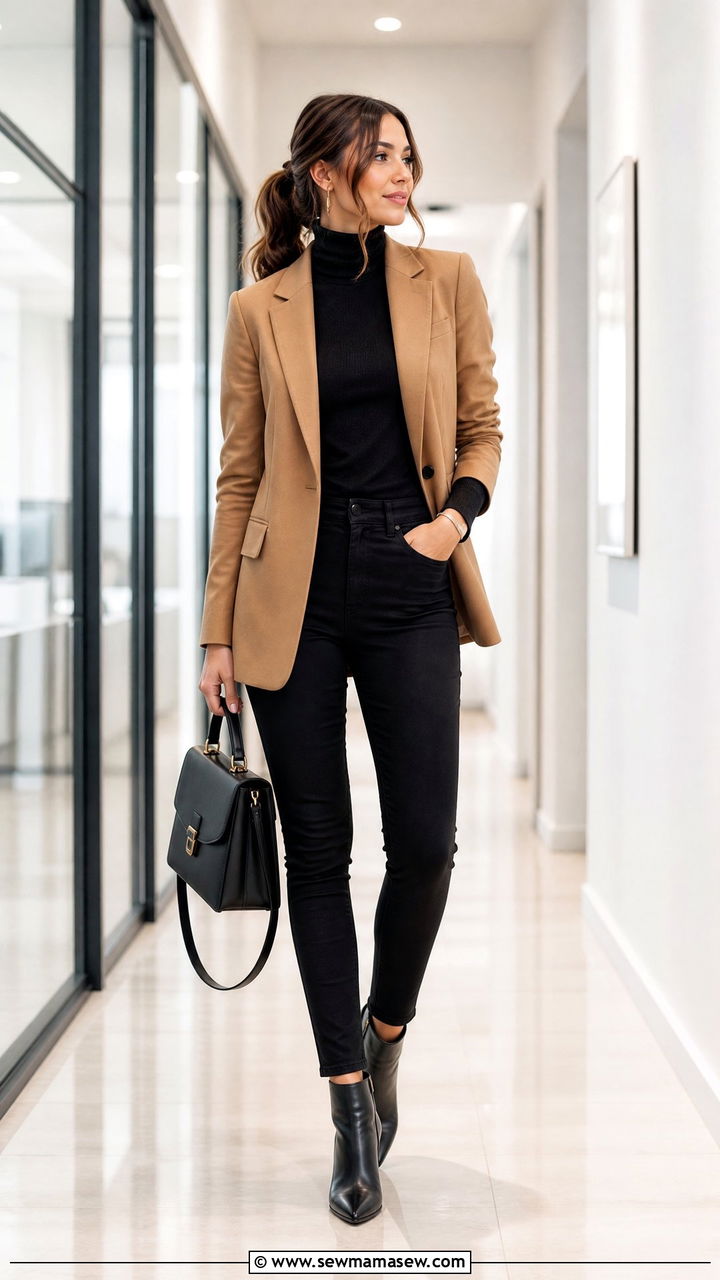 Fitted turtleneck with blazer and skinny pants - 30 Substitute teacher outfit ideas