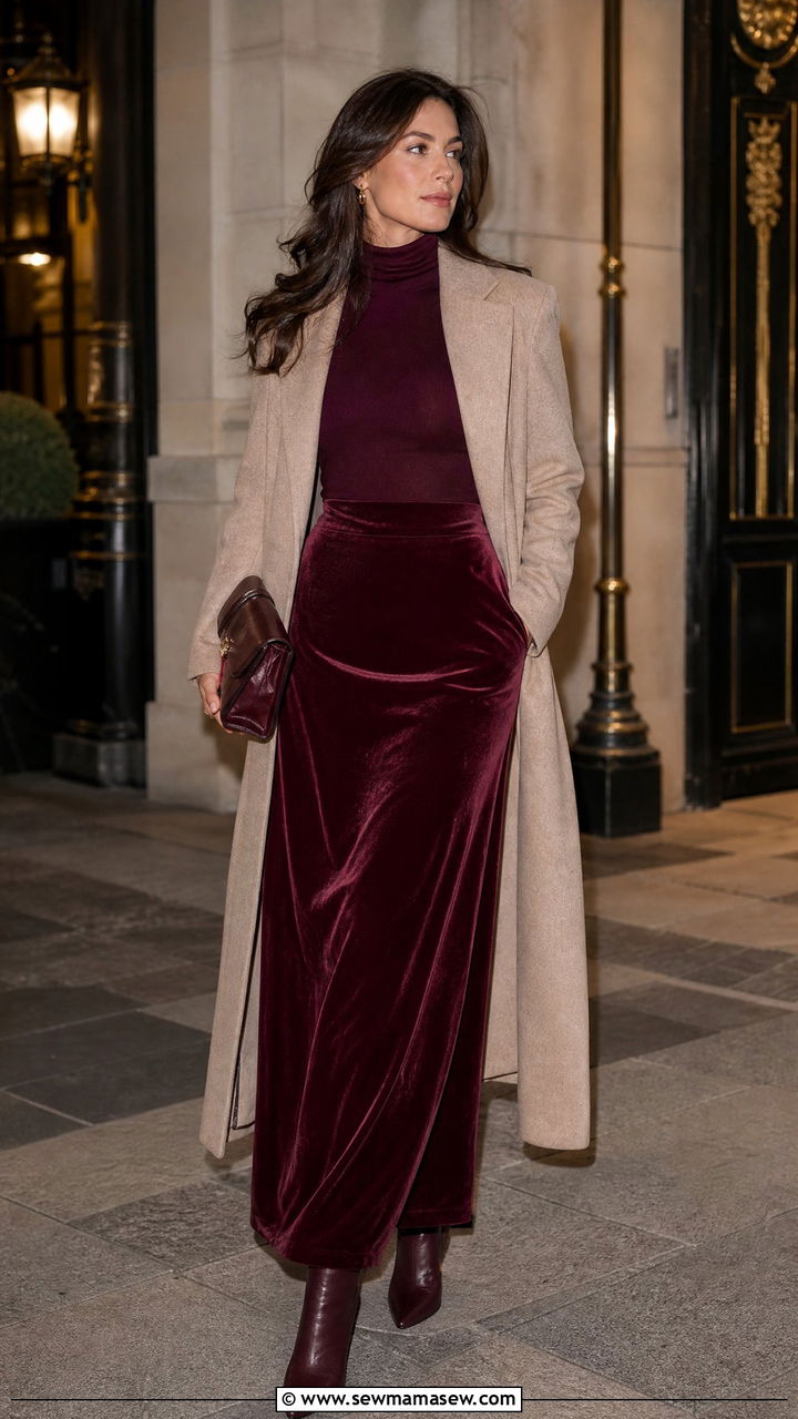 Fitted turtleneck with velvet maxi skirt - 35 maxi skirt outfits for women