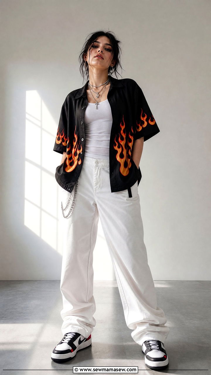 Flame Print Shirt With White Baggy Pants - 35 Billie Eilish concert outfit ideas