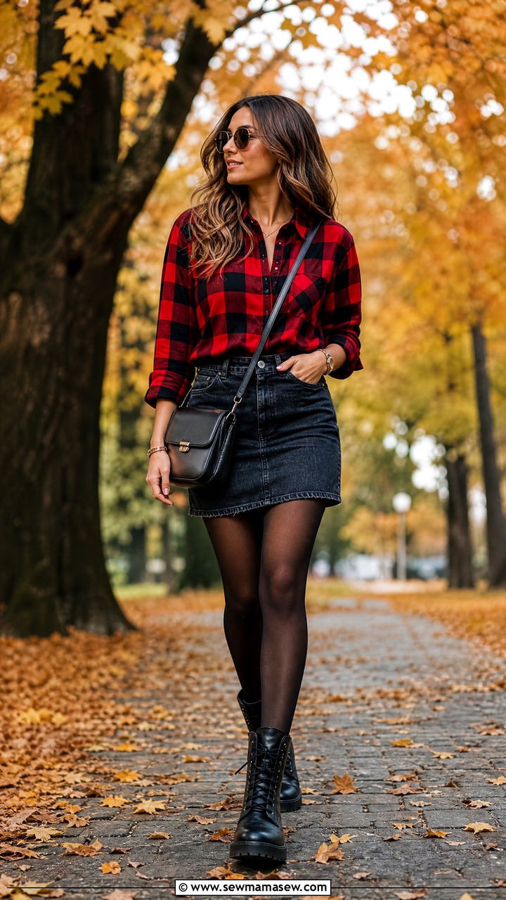 Flannel Button Down Shirt with Denim Skirt - 30 Denim skirt outfit ideas with a button down