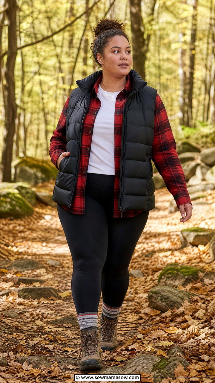 Flannel Button Down Shirt with Insulated Puffer Vest and Stretch Leggings - 25 Hiking outfit ideas plus size