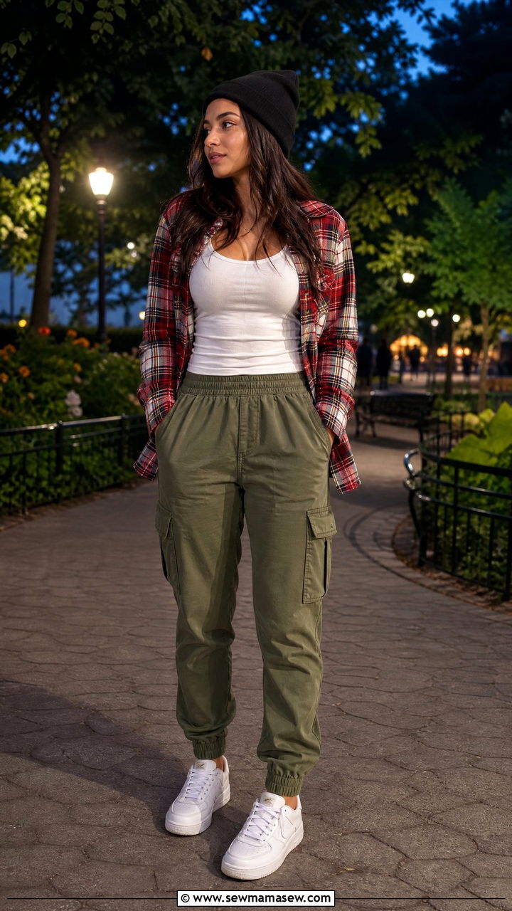Flannel Over Tank with Cargo Joggers and Sneakers - 30 summer cargo pants outfit ideas