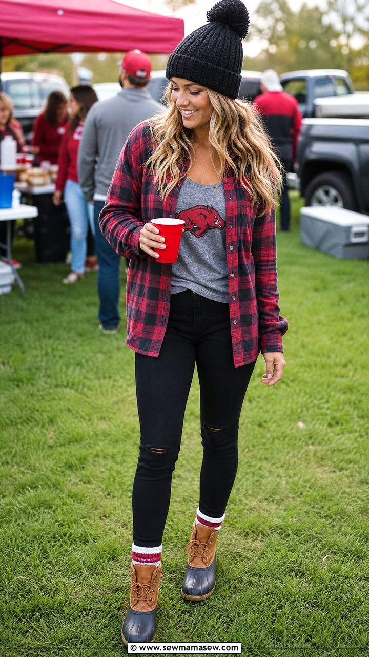 Flannel Over Team Tank with Black Skinny Jeans and Duck Boots - 25 Gameday outfit ideas NFL