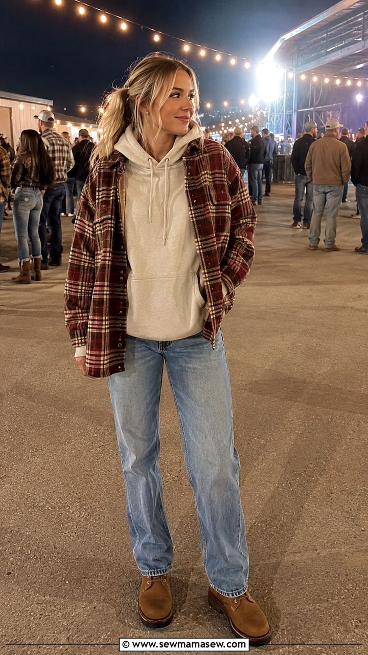 Flannel Overshirt Hoodie Straight Leg Jeans Work Boots - 25 Zach Bryan concert outfit ideas