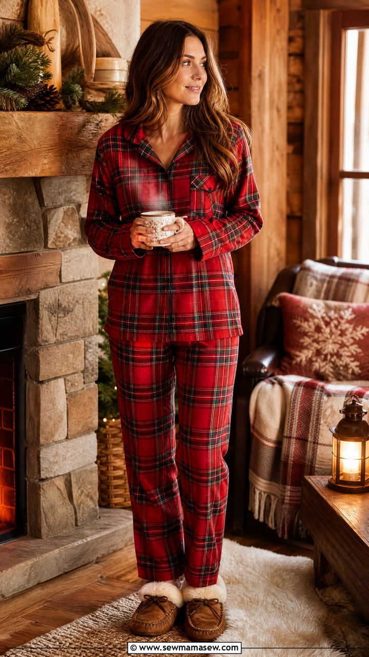 Flannel Pajama Set with Fuzzy Slippers - 30 Fuzzy slippers outfit ideas
