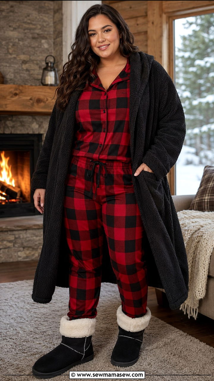 Flannel Plaid Pajama Set With Fleece Slipper Boots - 25 Pajama outfit ideas plus size