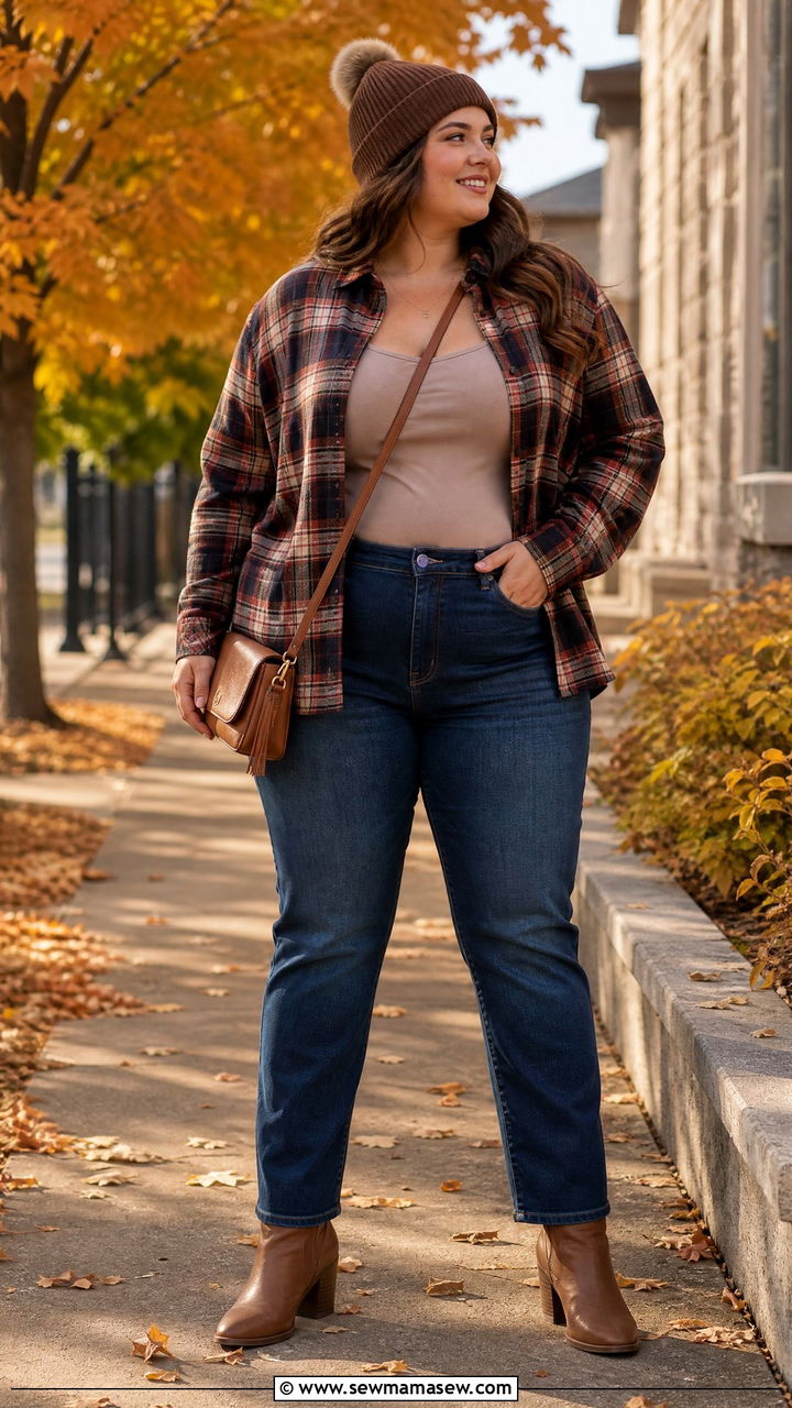 Flannel Plaid Shirt With Jeans And Ankle Boots - 30 Football game outfit ideas plus size