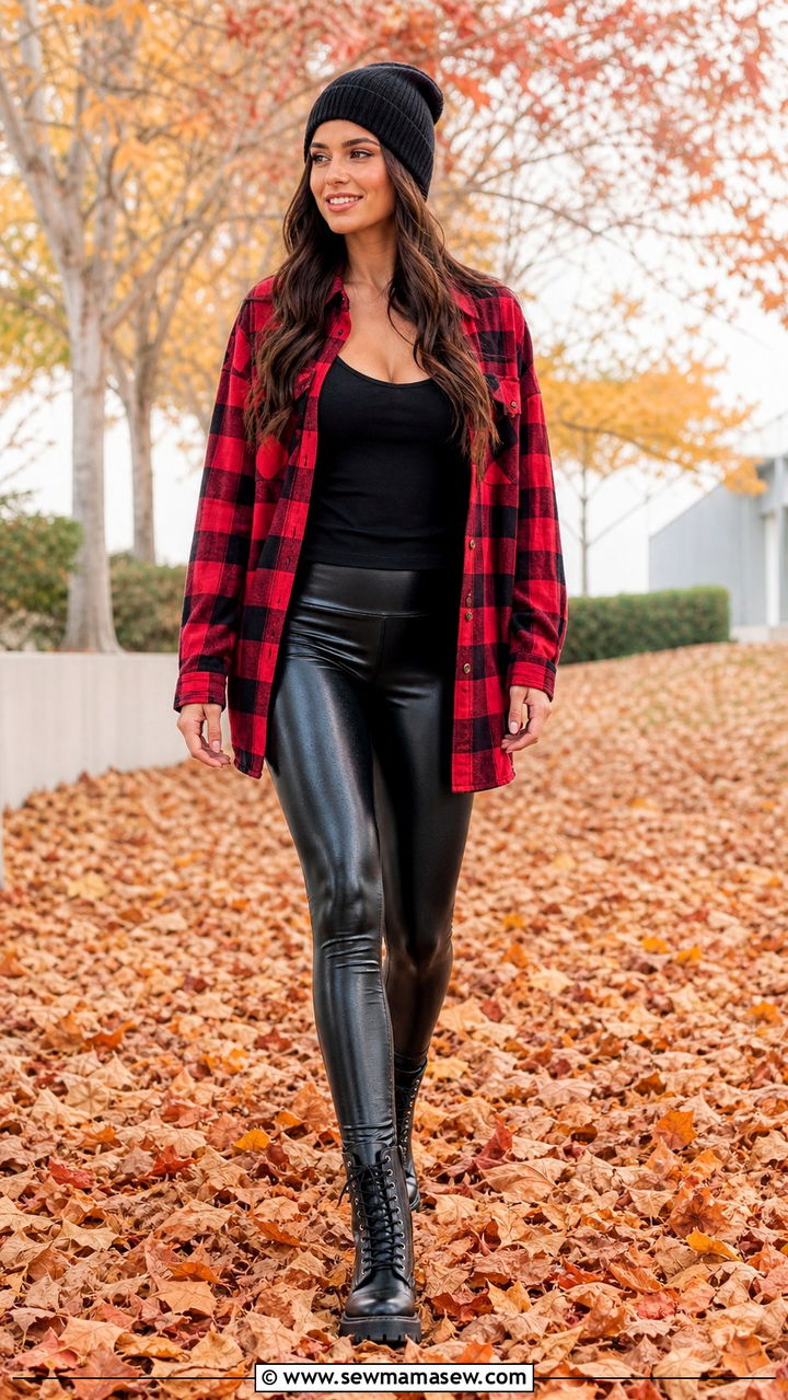 Flannel Shacket Over A Tank Top And Faux Leather Leggings - 40 back to school outfit ideas
