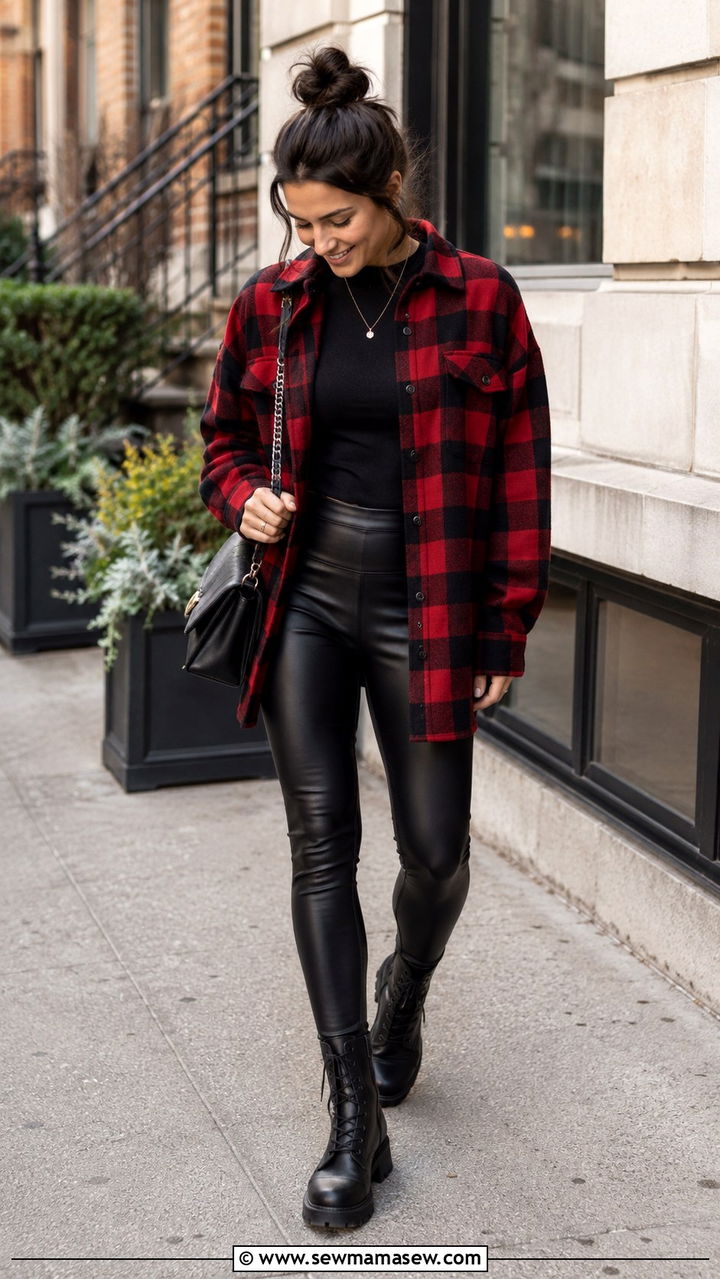 Flannel Shacket With Black Bodysuit And Faux Leather Leggings - 30 cute transitional outfits