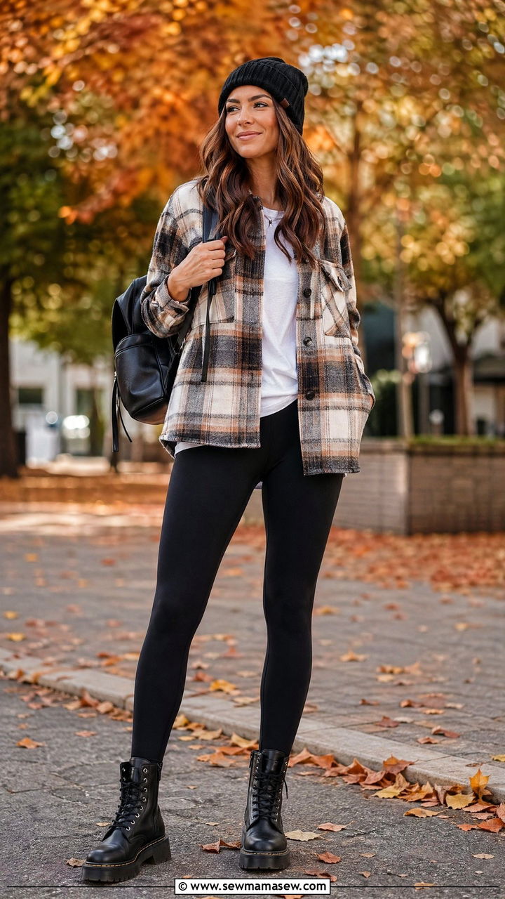 Flannel Shacket and Black Leggings with Combat Boots - 35 errand outfit ideas for women