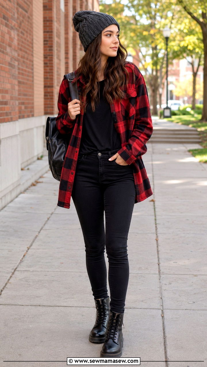 Flannel Shacket and Black Skinny Jeans - 30 casual back to school outfits