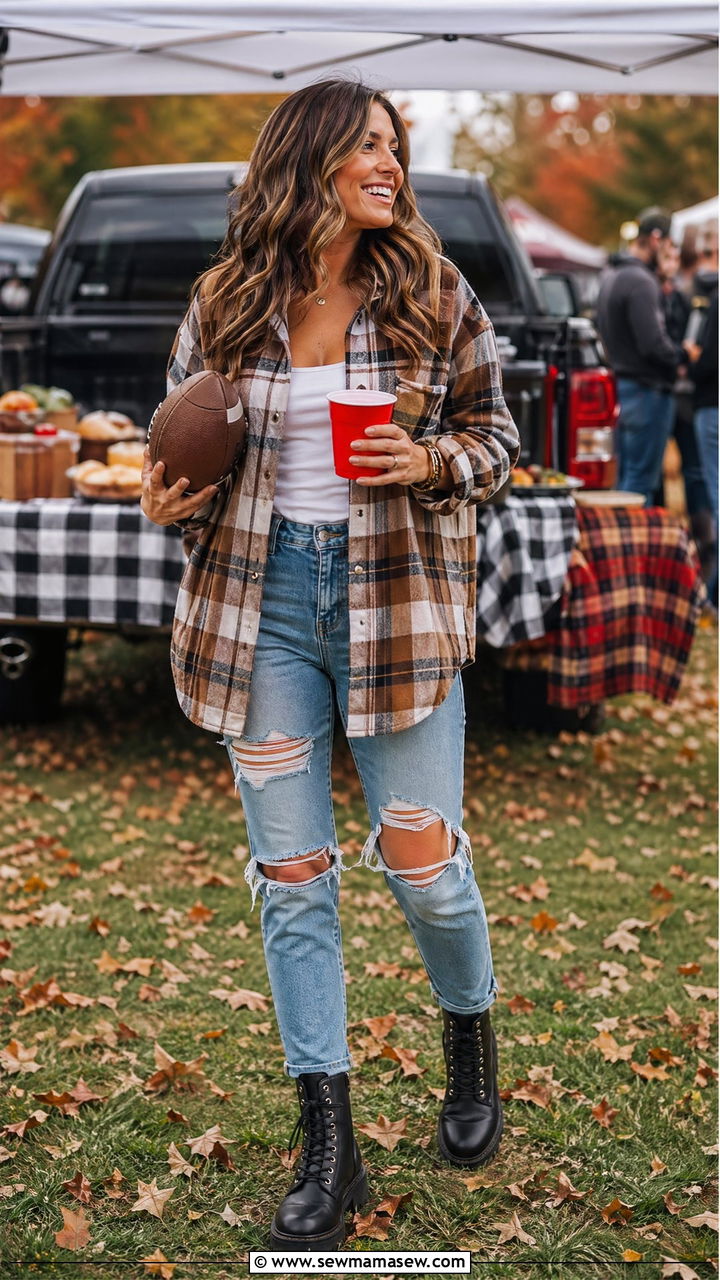 Flannel Shacket with Tank Top and Distressed Jeans - 35 Football game outfit ideas for women
