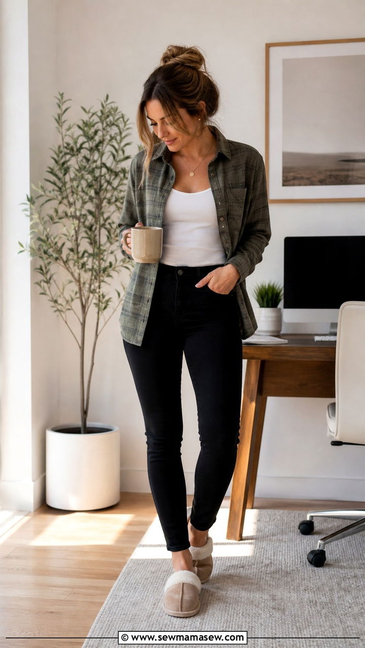 Flannel Shirt And Black Jeans Casual WFH Outfit - 40 Work from home outfit ideas