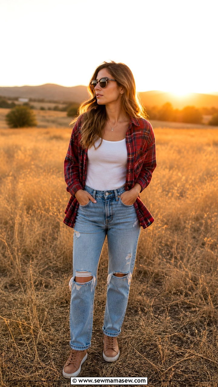 Flannel Shirt And Distressed Jeans - 40 Road trip outfits