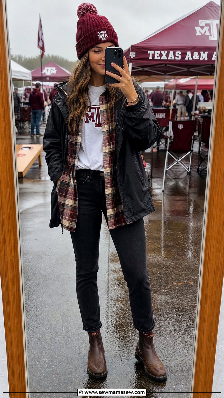 Flannel Shirt And Lightweight Rain Jacket With Dark Jeans - 25 Gameday outfit ideas rainy weather