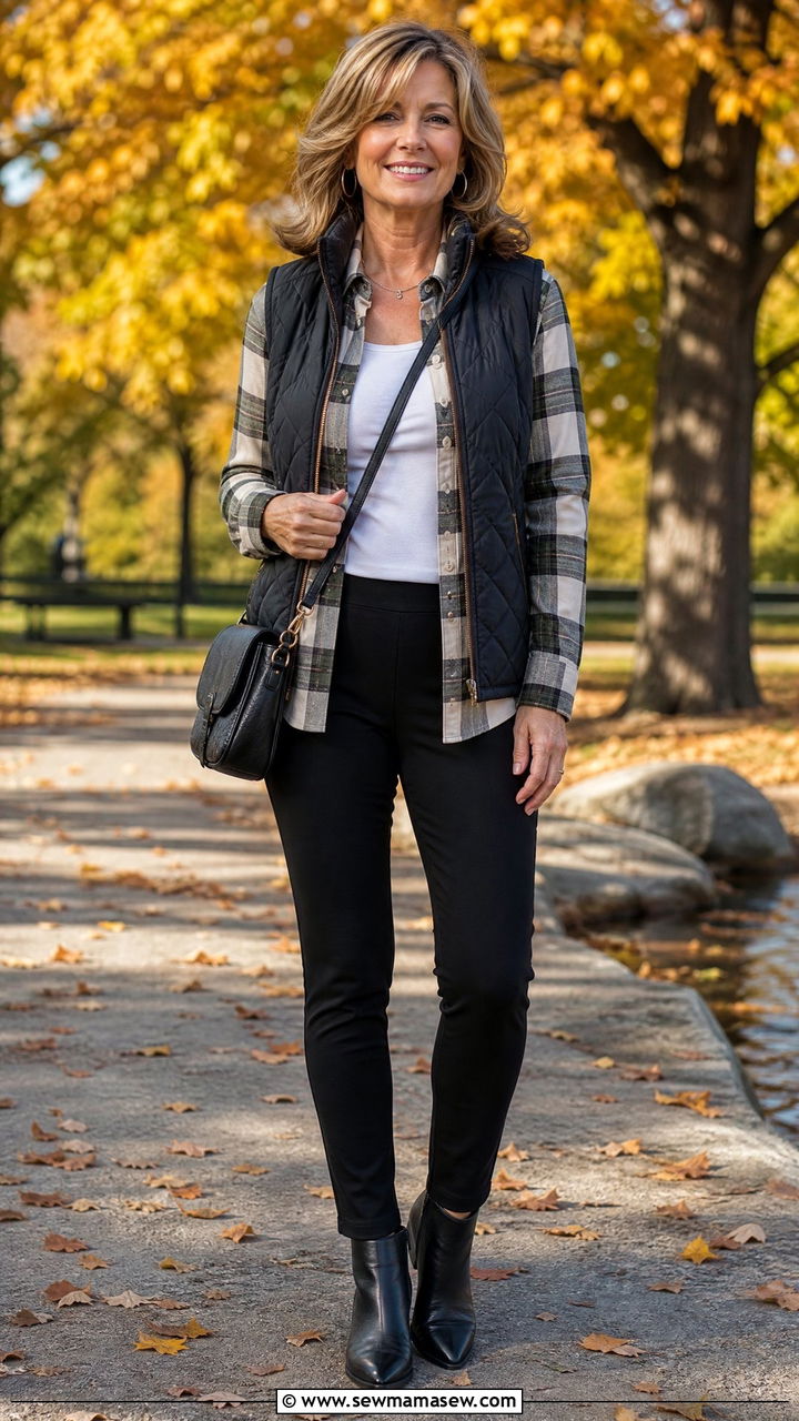 Flannel Shirt Black Ponte Skinny Pants - 30 Outfit ideas for women over 50 errands