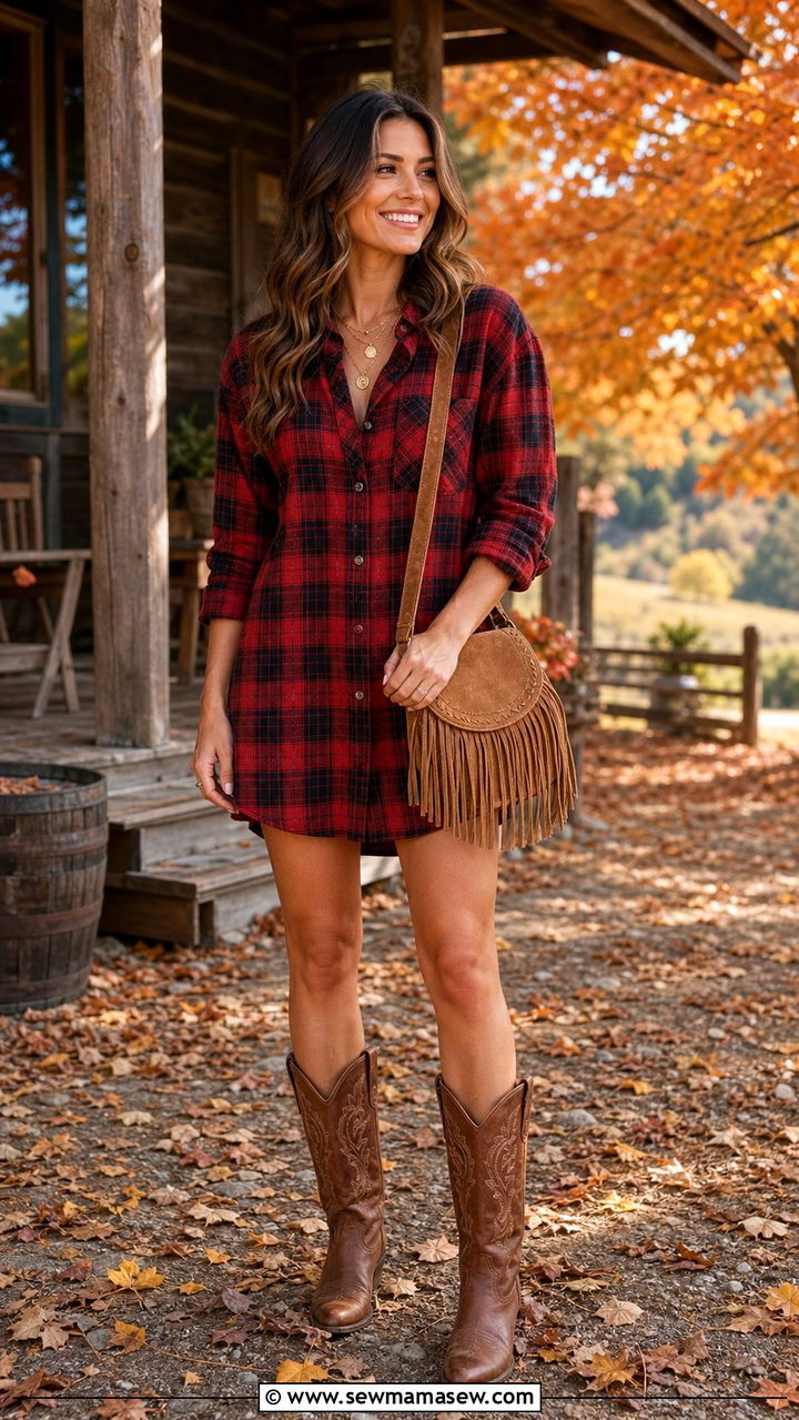 Flannel Shirt Dress With Cowboy Boots - 25 Shirt dress outfit ideas with boots