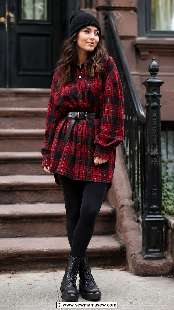Flannel Shirt Dress With Leggings and Combat Boots - 30 grunge outfits aesthetic