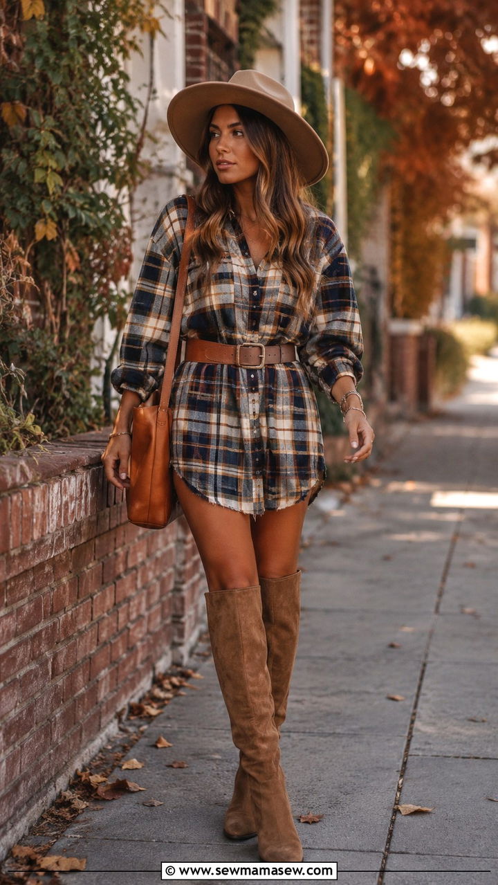 Flannel Shirt Dress With Wide Brim Hat - 25 Boho outfit ideas with wide brim hat