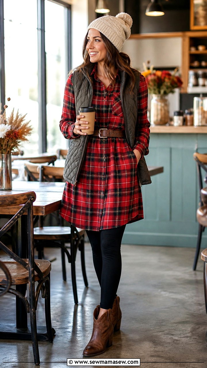 Flannel Shirt Dress with Leggings and Ankle Boots - 40 western outfits for women