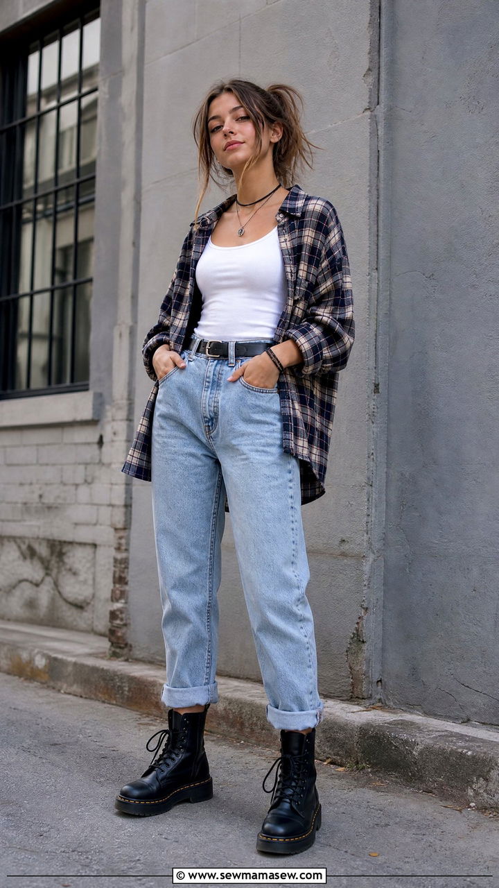 Flannel Shirt Layered Over a Tank with Mom Jeans - 30 Cute outfits for teen girls