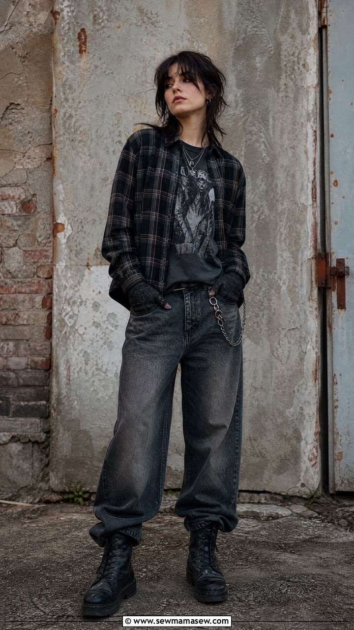 Flannel Shirt Over Band Tee With Ripped Jeans And Doc Martens - 35 Billie Eilish concert outfit ideas
