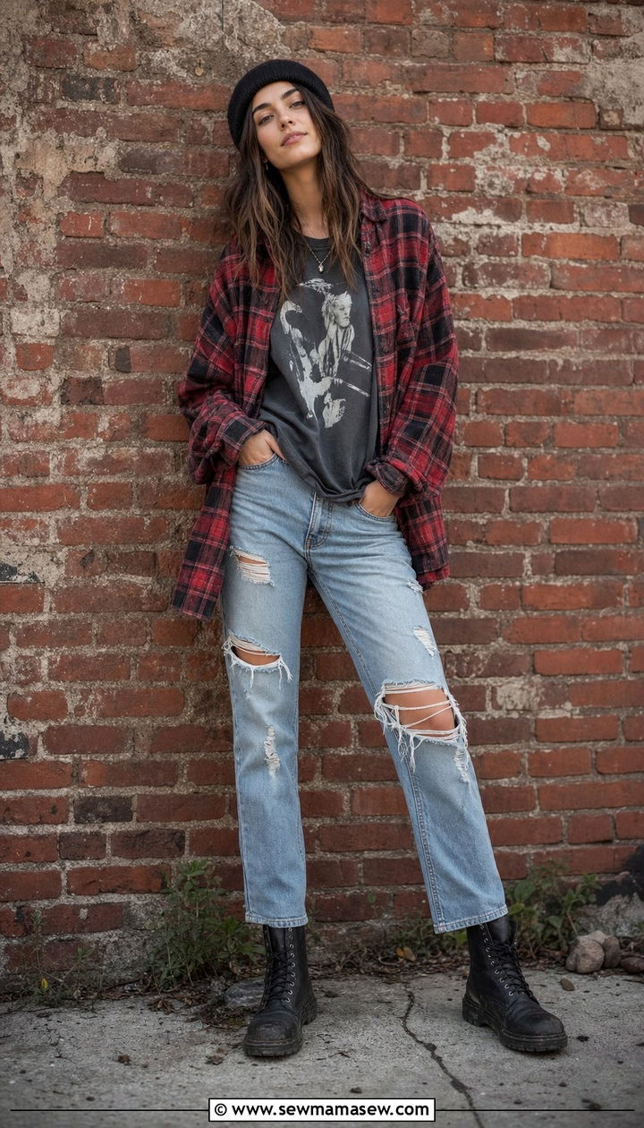 Flannel Shirt Over Band Tee and Ripped Jeans - 25 spring 90s outfit ideas