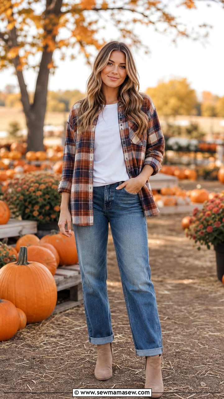 Flannel Shirt Over Basic Tee With Jeans And Booties - 35 casual errands outfits