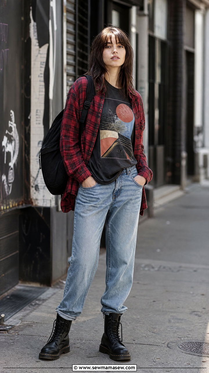 Flannel Shirt Over Graphic Tee With Distressed Jeans And Combat Boots - 40 Disney trip outfit ideas