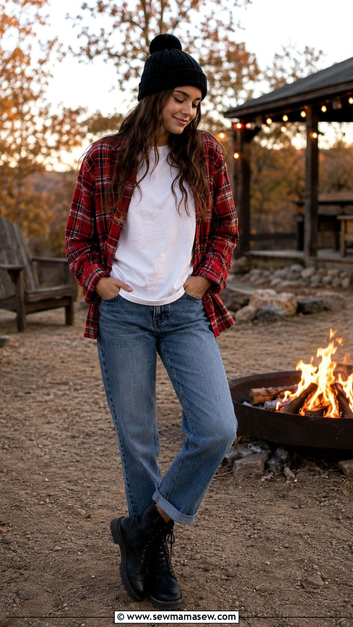 Flannel Shirt Over Plain Tee With Relaxed Jeans Outfit - 30 Modest outfit ideas for teens