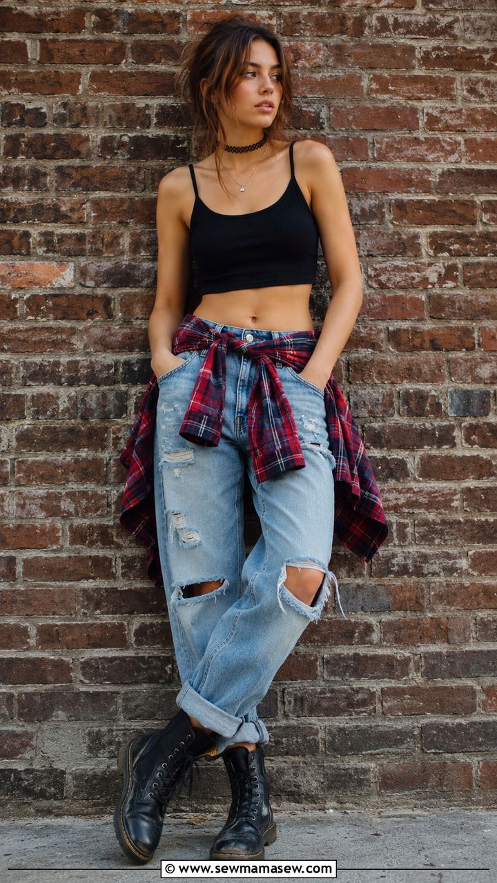 Flannel Shirt Tied Around Waist Outfit - 25 Rock concert outfit ideas