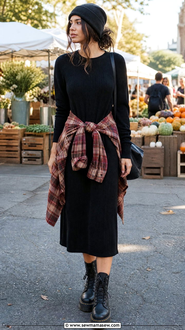 Flannel Shirt Tied Over A Midi Dress - 25 classy grunge outfit ideas