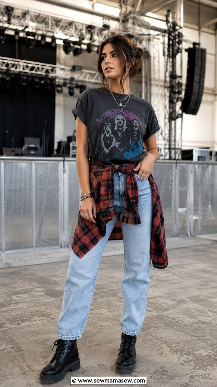 Flannel Shirt Tied Over a Band Tee and Jeans - 30 Indoor concert outfit ideas