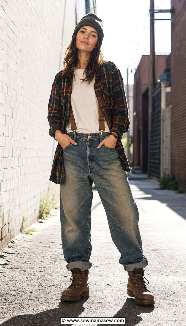 Flannel Shirt With Baggy Jeans Work Boots and Suspenders - 25 Eclectic grandpa outfit ideas