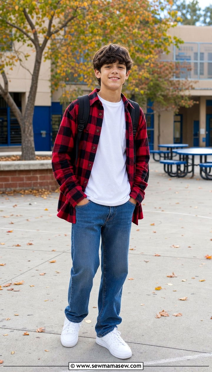 Flannel Shirt With Basic Tee and Straight Leg Jeans - 35 Back to school outfit ideas 7th grade
