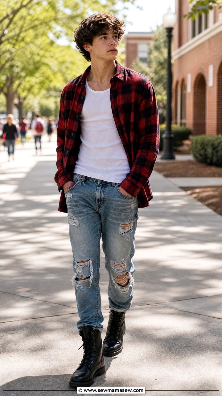 Flannel Shirt With Distressed Jeans - 25 Boarding school outfit ideas teens