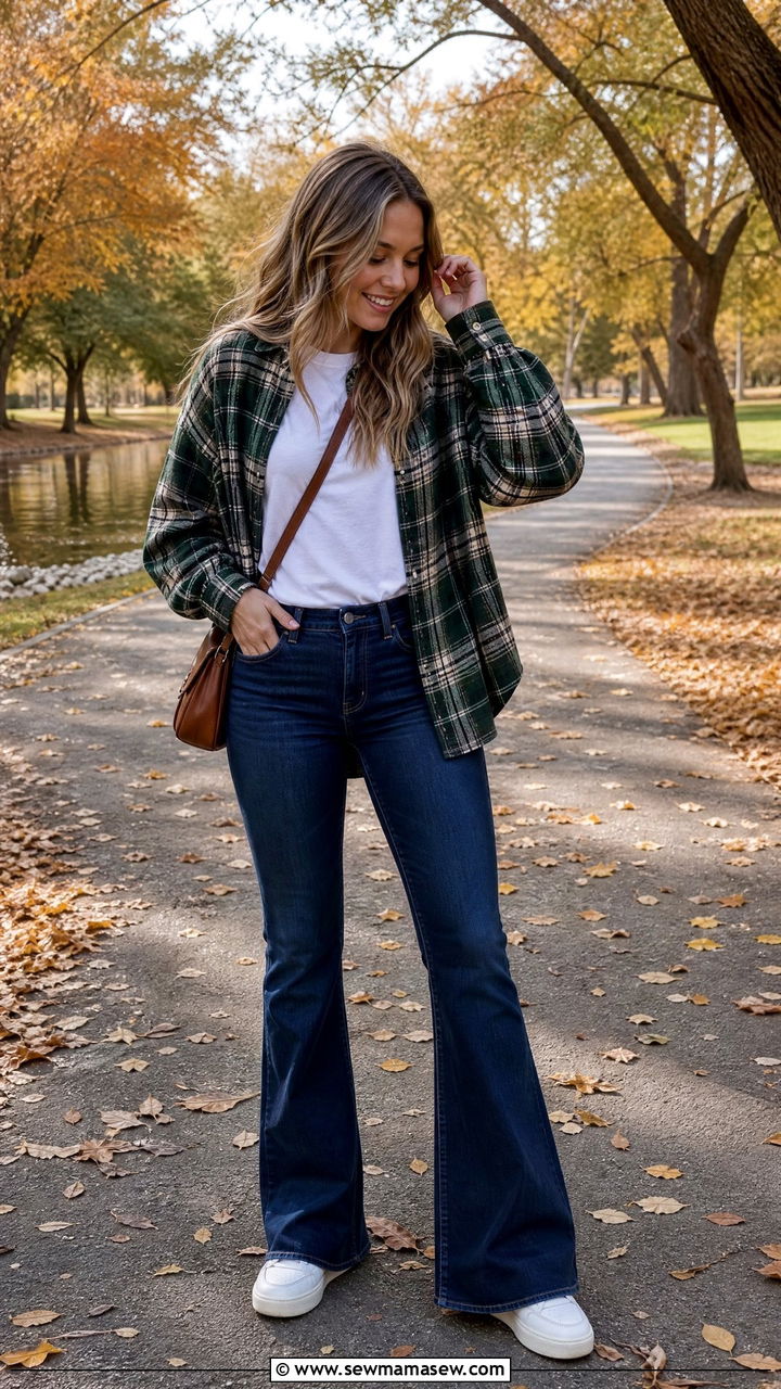 Flannel Shirt With Flare Jeans And White Sneakers - 25 Flare jeans outfit ideas with white sneakers