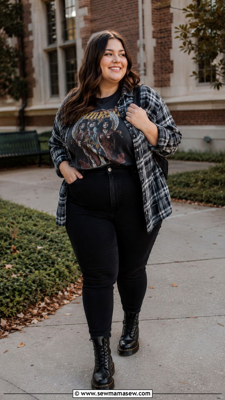 Flannel Shirt With High Waisted Jeans And Combat Boots - 30 Plus size outfit ideas for college