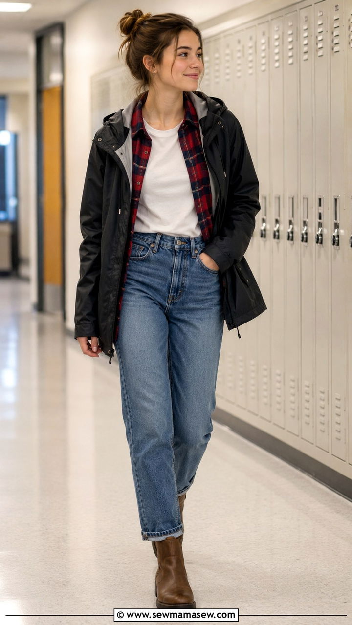 Flannel Shirt With Jeans and Ankle Boots - 30 Rainy day school outfit ideas
