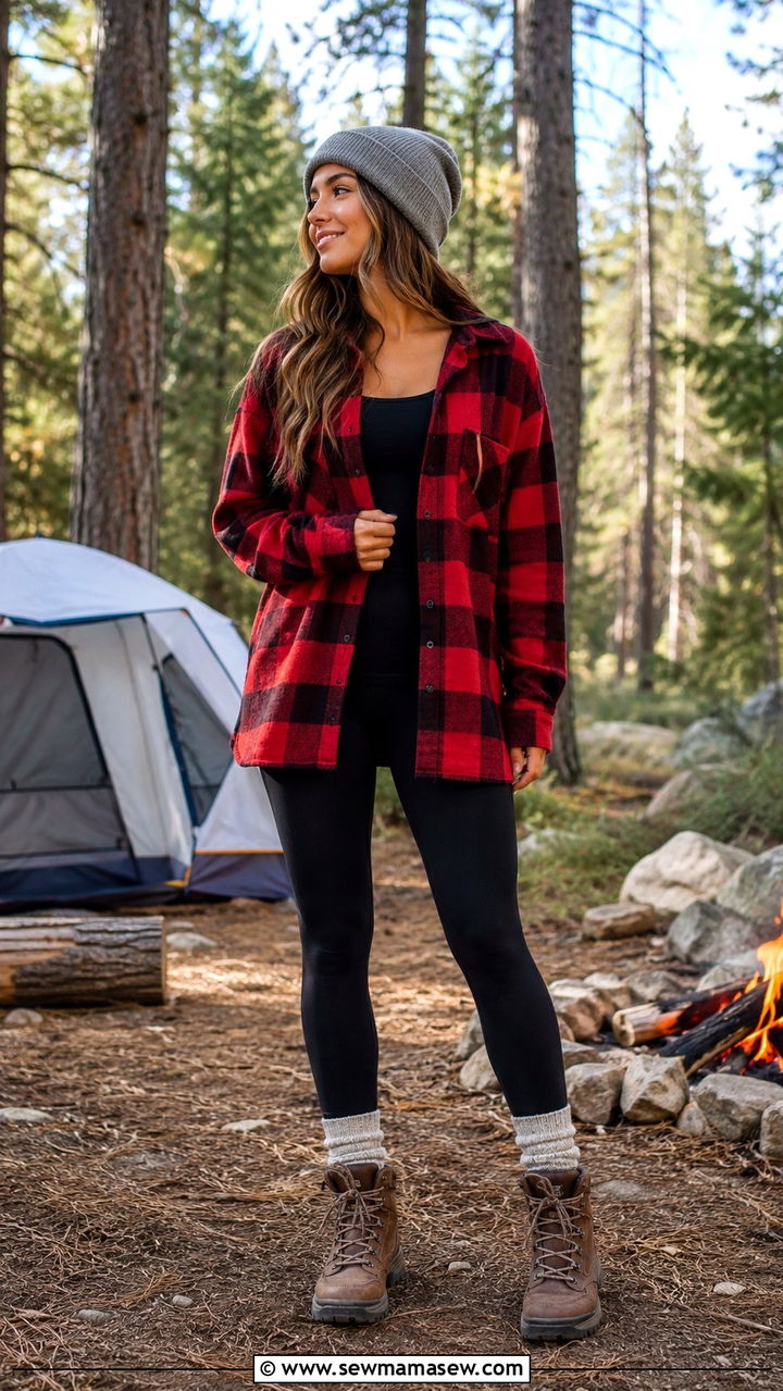 Flannel Shirt With Leggings and Hiking Boots Spring Camping - 30 Spring camping trip outfits