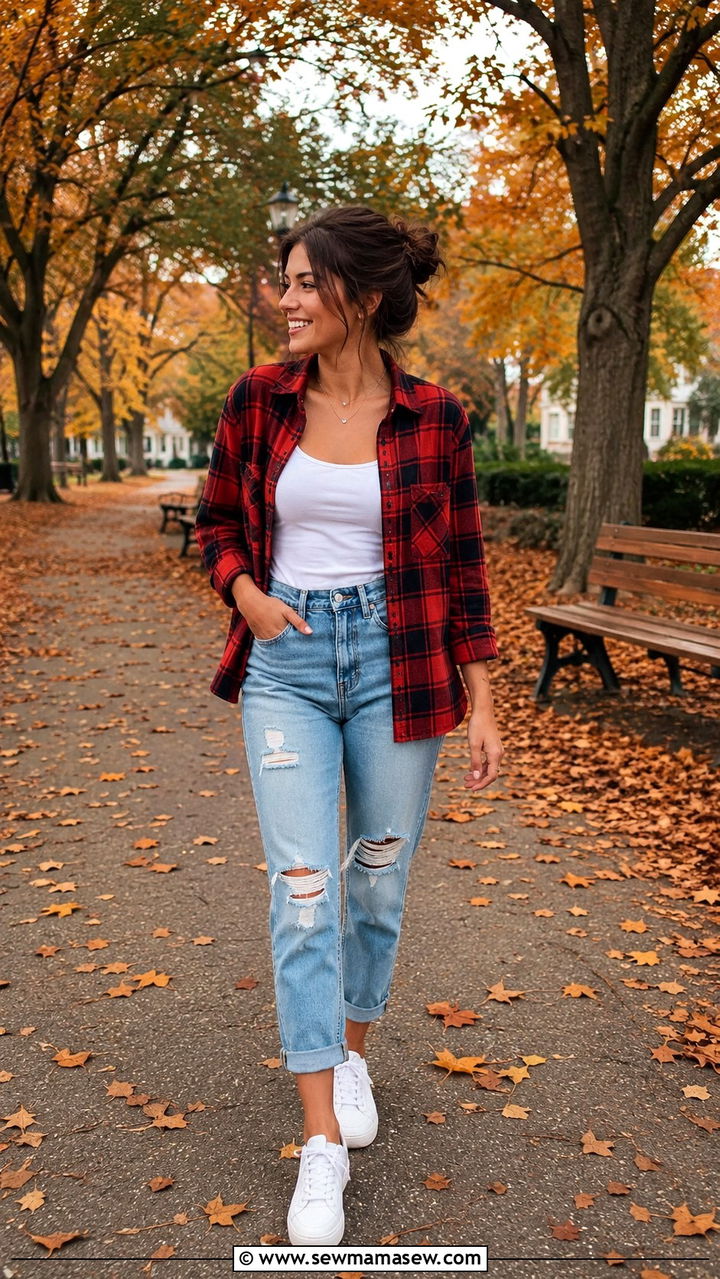 Flannel Shirt With Mom Jeans and White Sneakers - 30 Mom jeans outfit ideas with white sneakers
