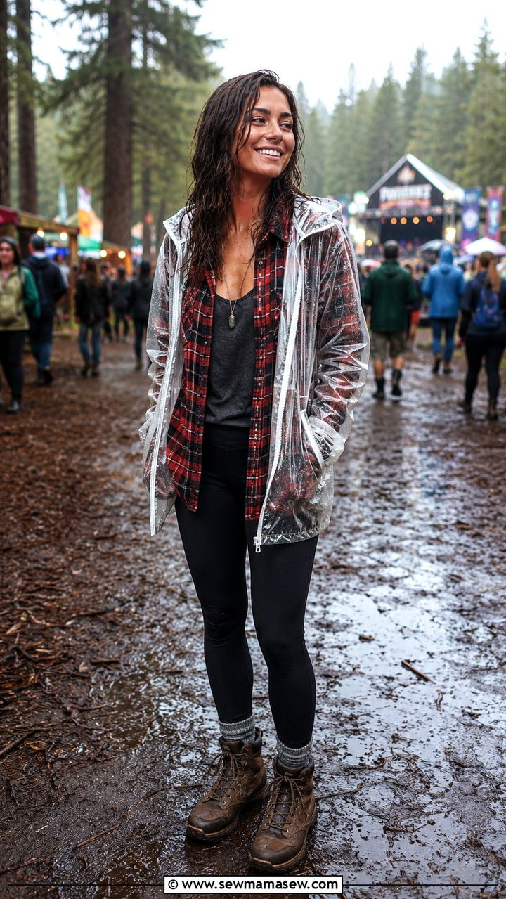 Flannel Shirt With Rain Jacket and Leggings - 25 Rainy festival outfit ideas