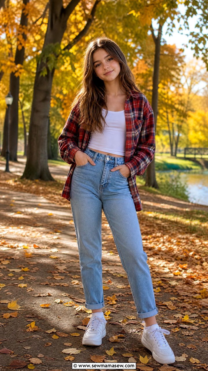 Flannel Shirt With Tank Top And Mom Jeans - 30 Cute outfits for 13 year olds