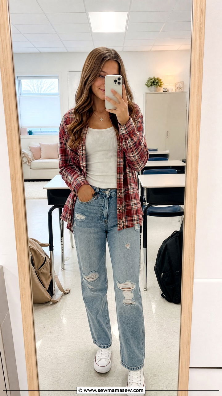 Flannel Shirt With Tank Top And Ripped Jeans - 35 Middle school outfit ideas